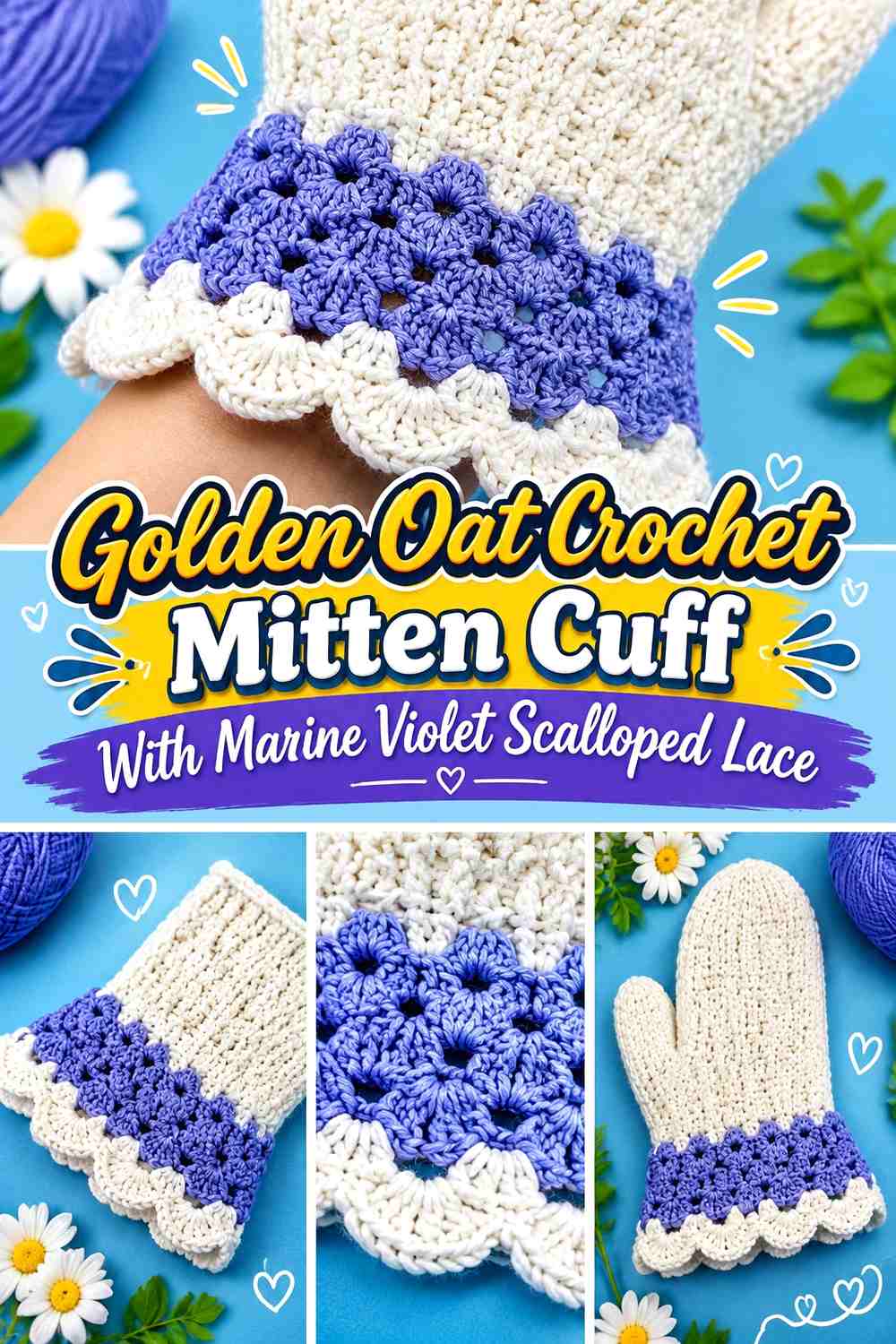 Golden Oat Crochet Mitten Cuff With Marine Violet Scalloped Lace
