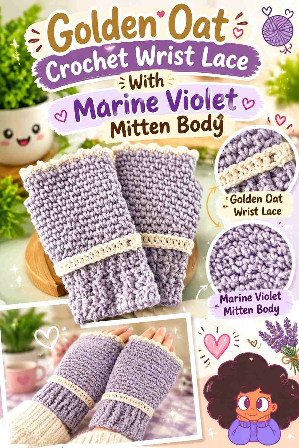 Golden Oat Crochet Wrist Lace With Marine Violet Mitten Body