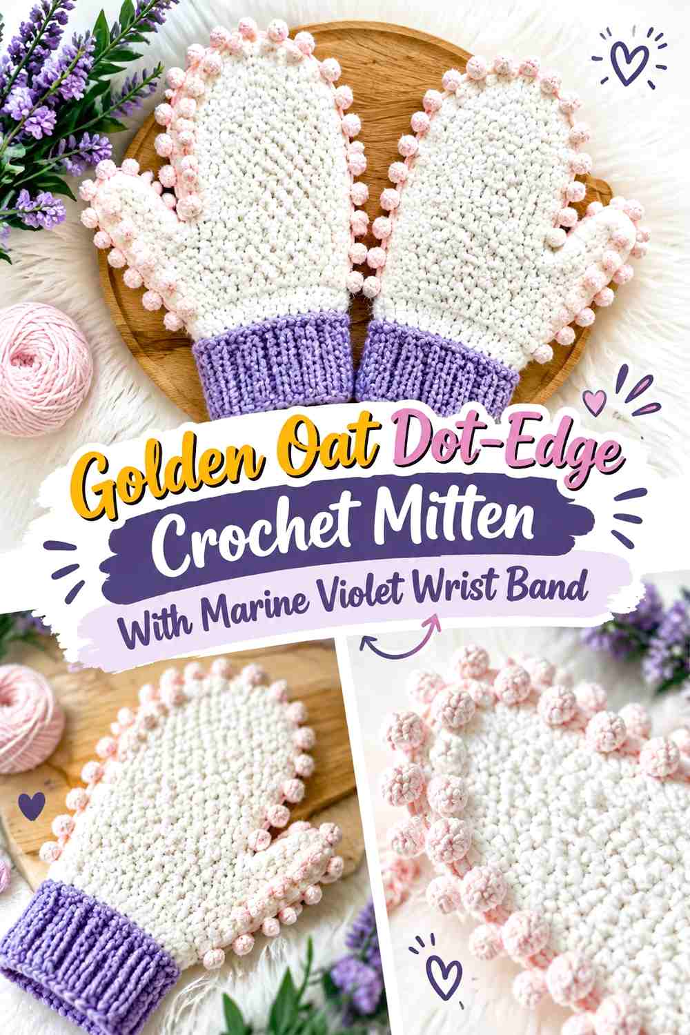 Golden Oat Dot-Edge Crochet Mitten With Marine Violet Wrist Band