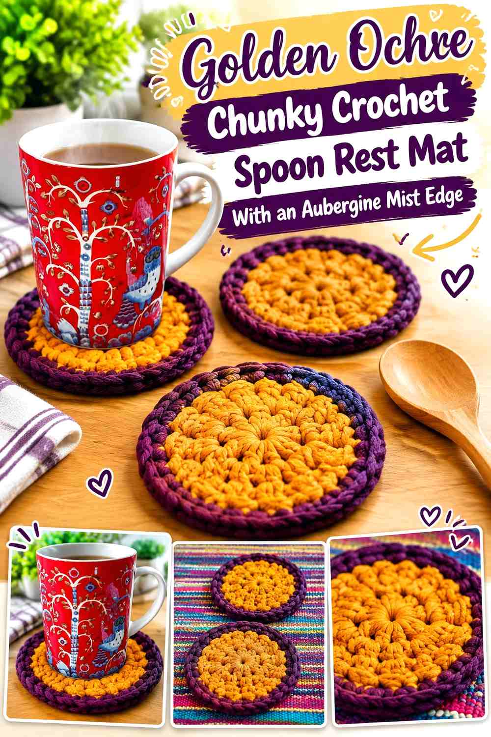 Golden Ochre Chunky Crochet Spoon Rest Mat With an Aubergine Mist Edge