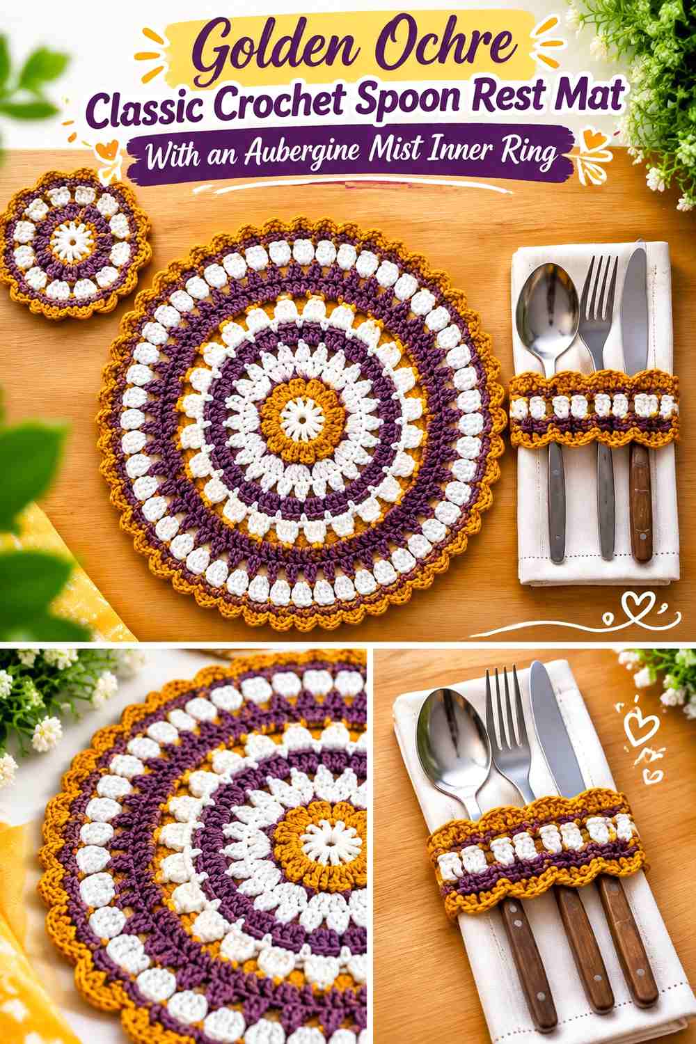 Golden Ochre Classic Crochet Spoon Rest Mat With an Aubergine Mist Inner Ring