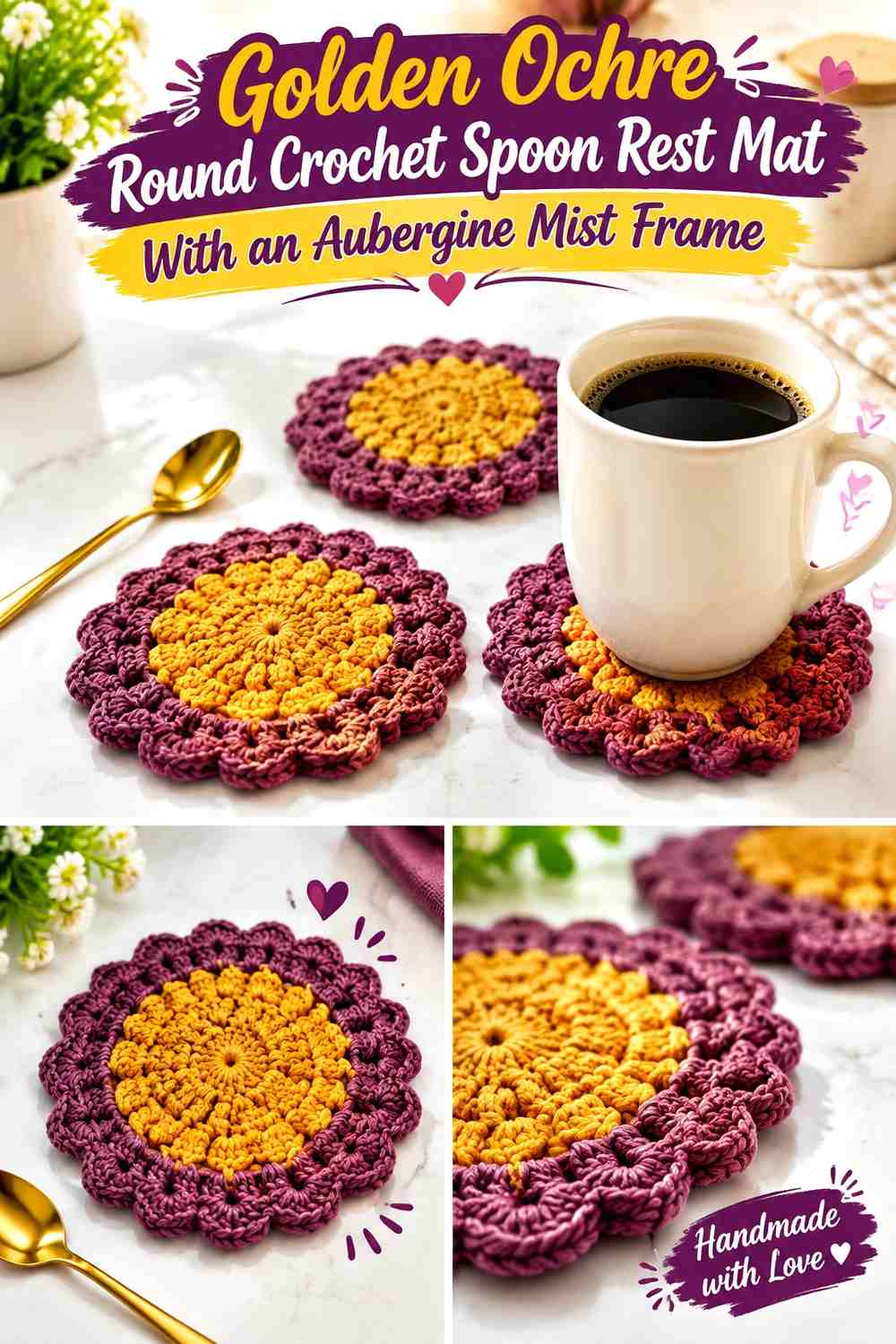 Golden Ochre Round Crochet Spoon Rest Mat With an Aubergine Mist Frame