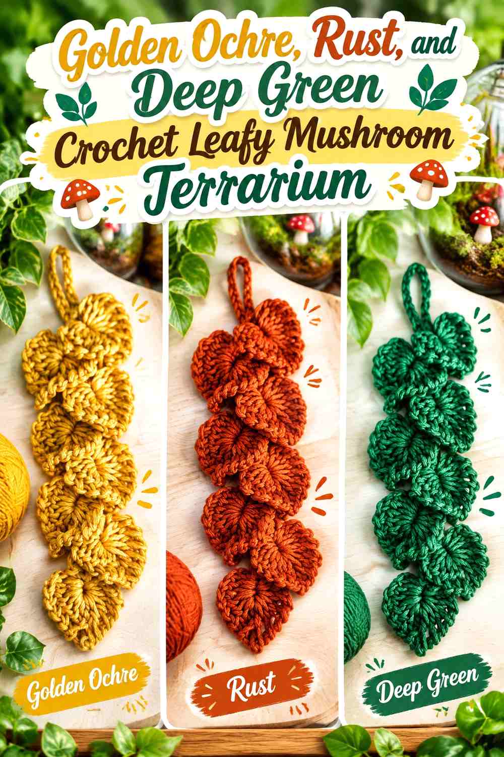 Golden Ochre, Rust, and Deep Green Crochet Leafy Mushroom Terrarium
