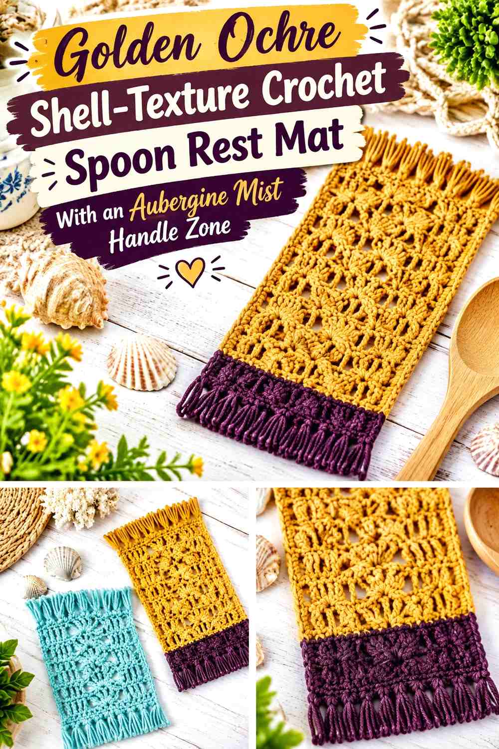 Golden Ochre Shell-Texture Crochet Spoon Rest Mat With an Aubergine Mist Handle Zone