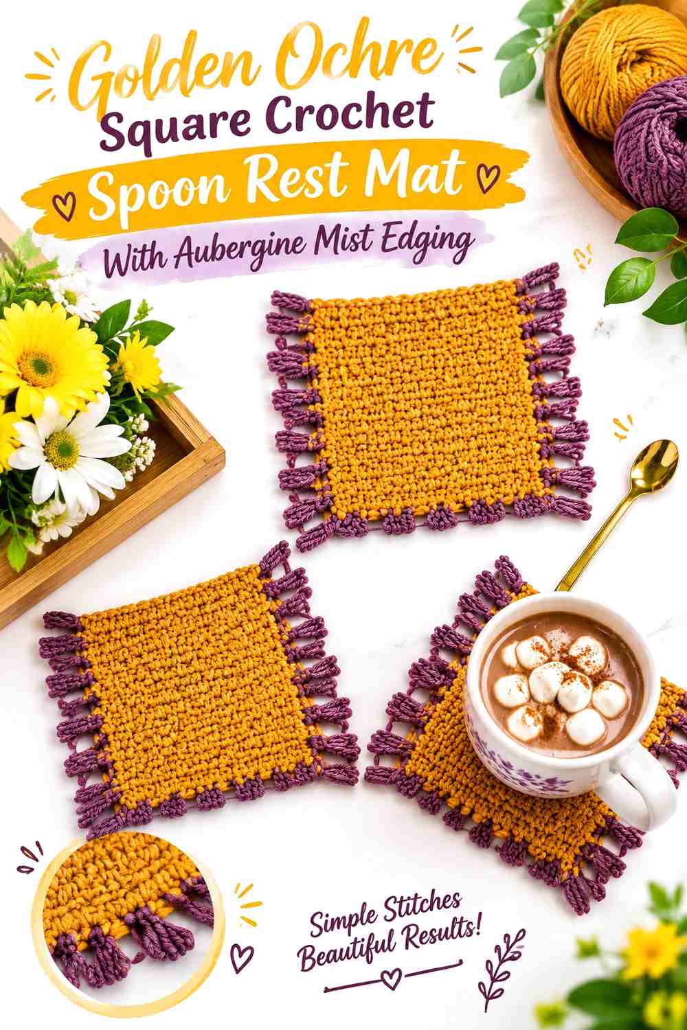 Golden Ochre Square Crochet Spoon Rest Mat With Aubergine Mist Edging