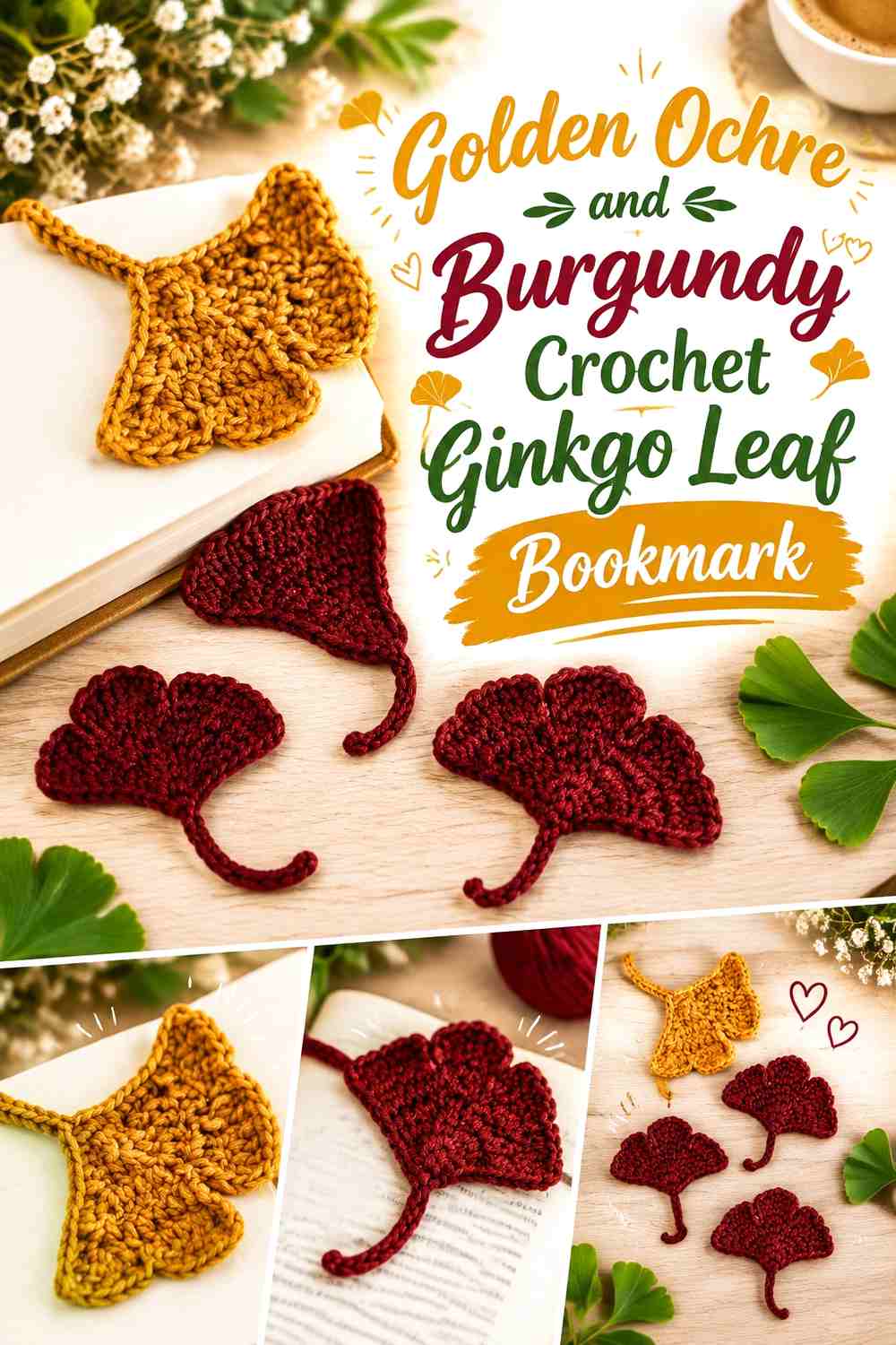 Golden Ochre and Burgundy Crochet Ginkgo Leaf Bookmark