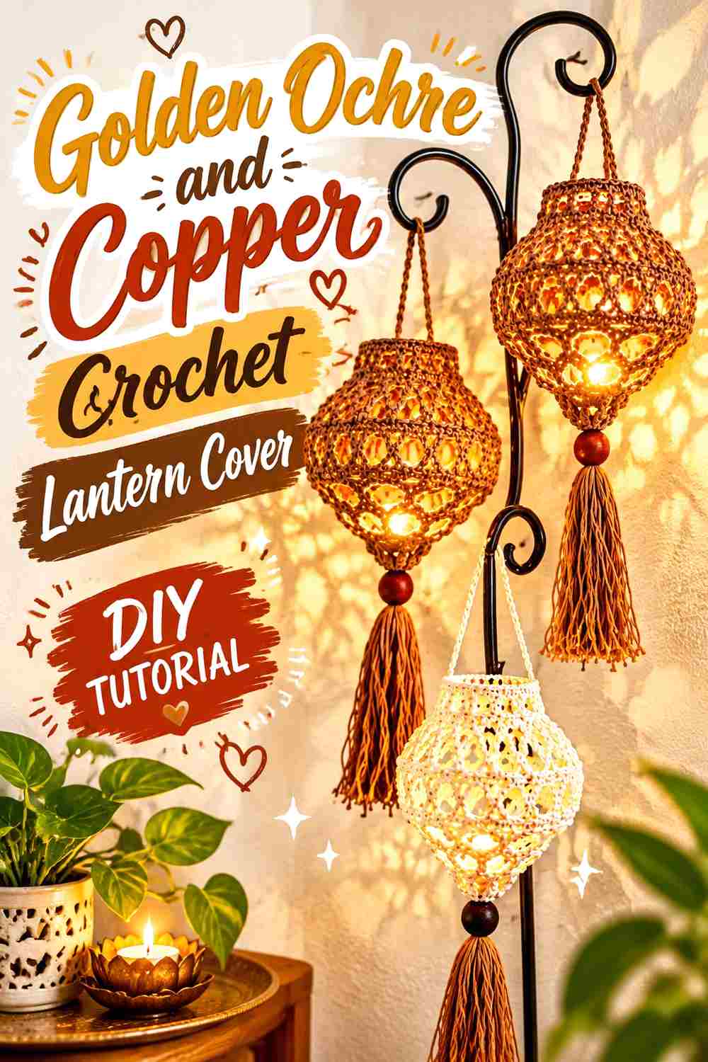 14. Golden Ochre And Copper Crochet Lantern Cover