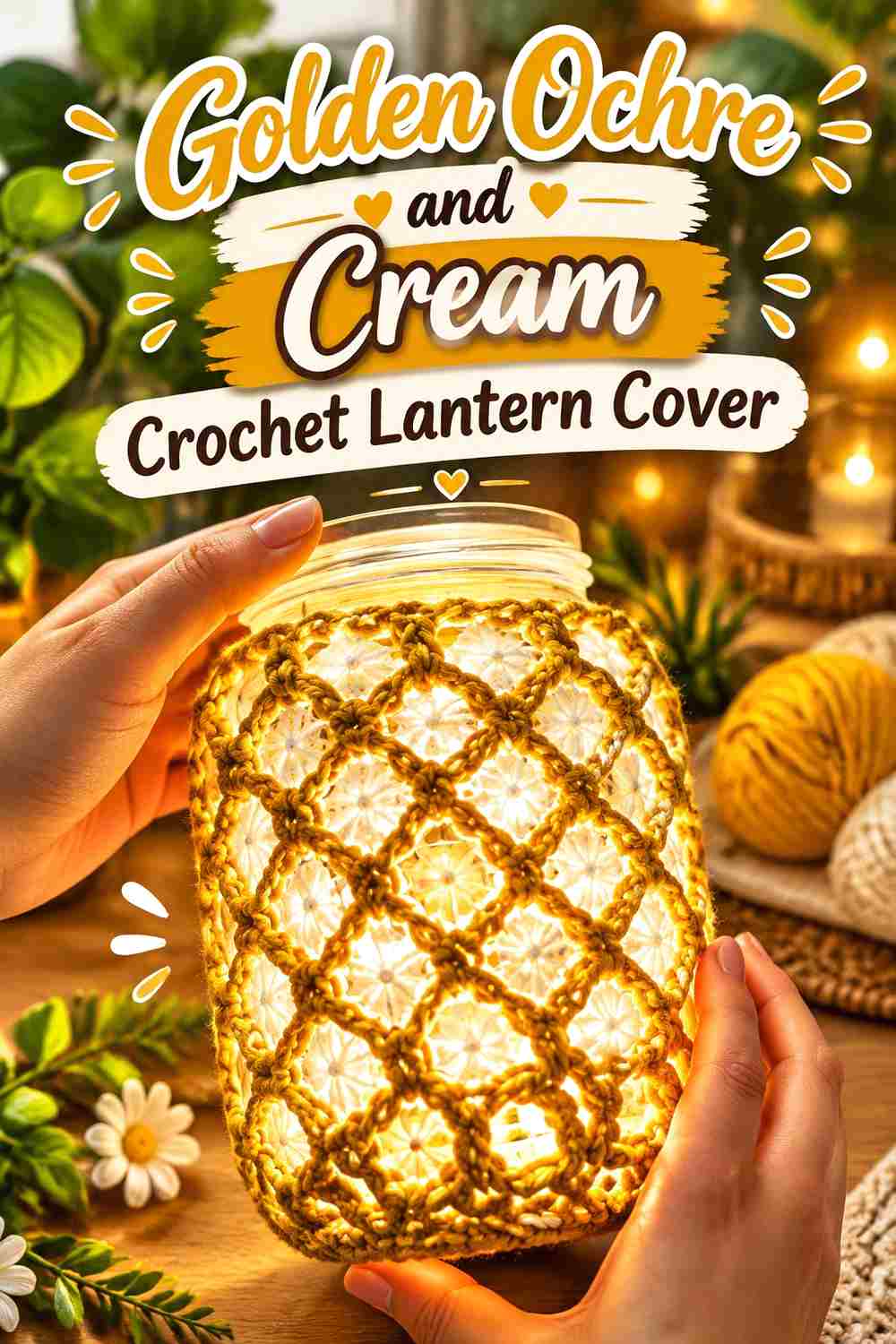 1. Golden Ochre And Cream Crochet Lantern Cover