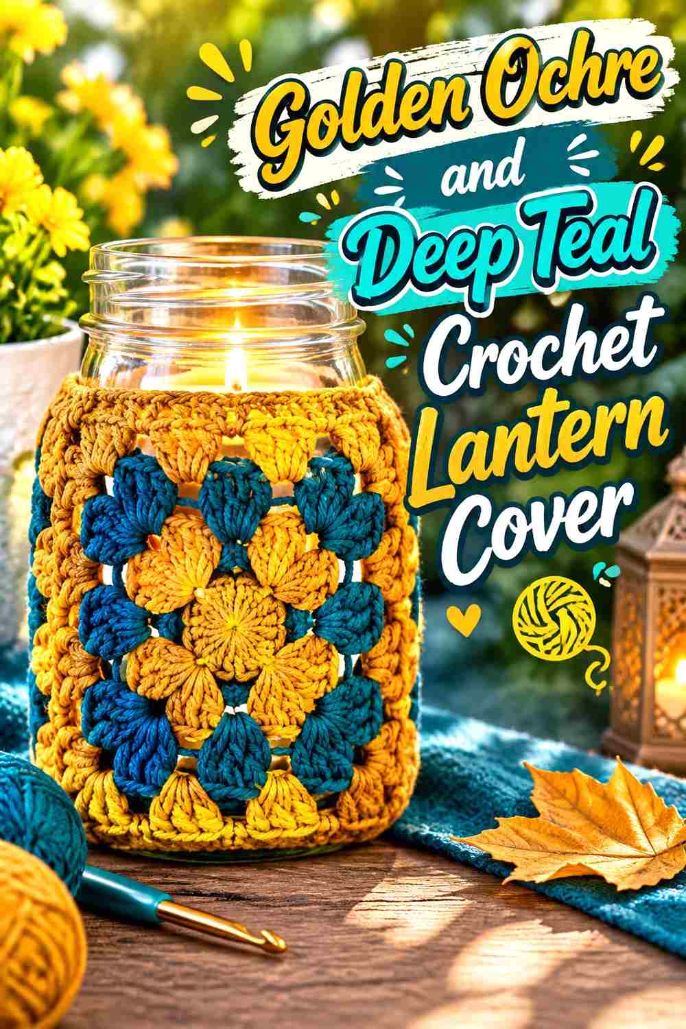 6. Golden Ochre And Deep Teal Crochet Lantern Cover
