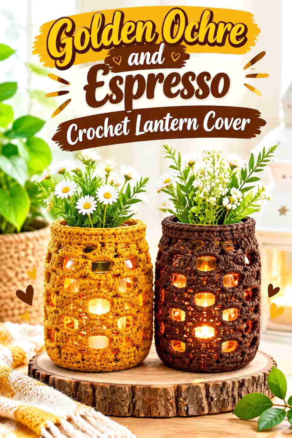 8. Golden Ochre And Espresso Crochet Lantern Cover