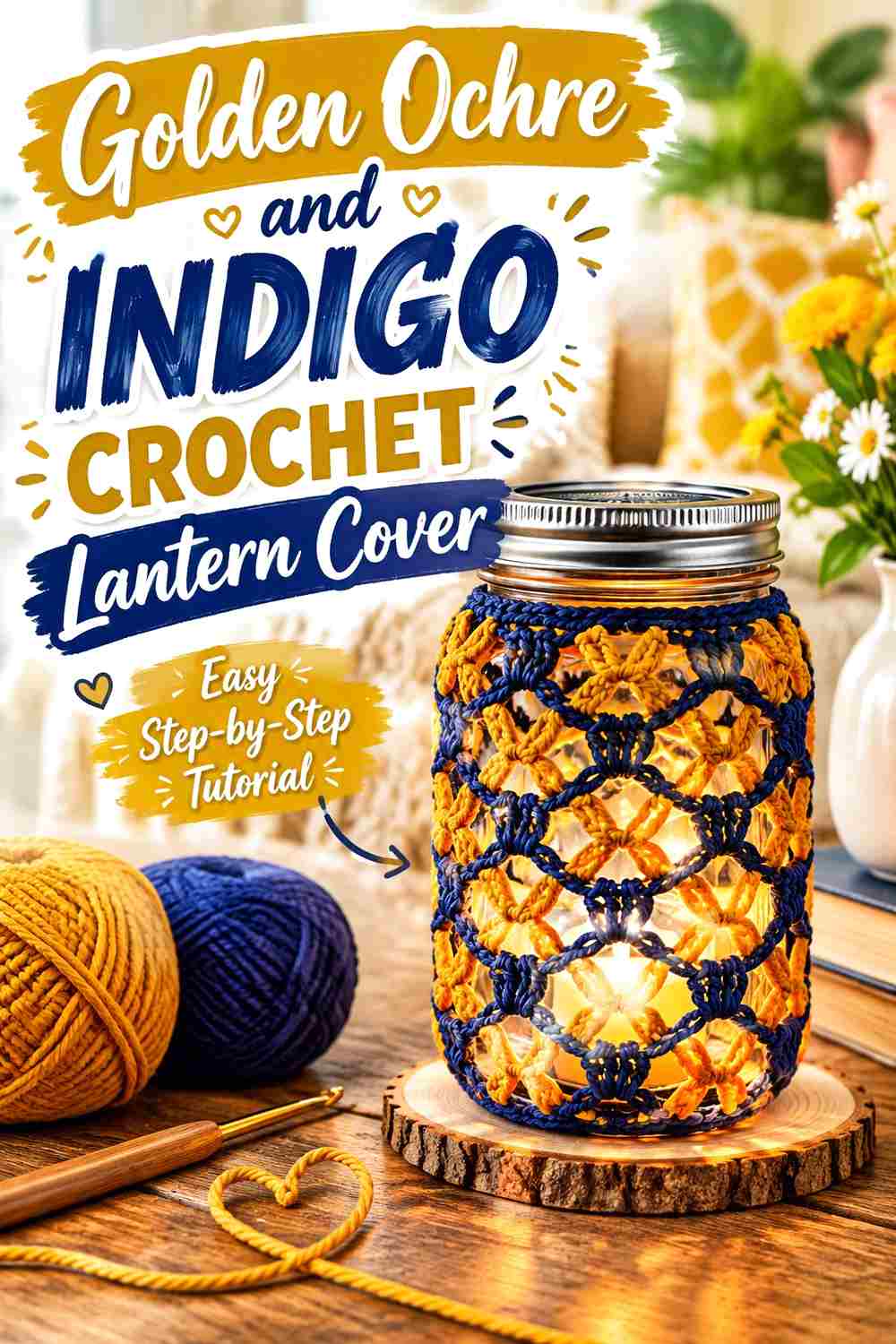 2. Golden Ochre And Indigo Crochet Lantern Cover
