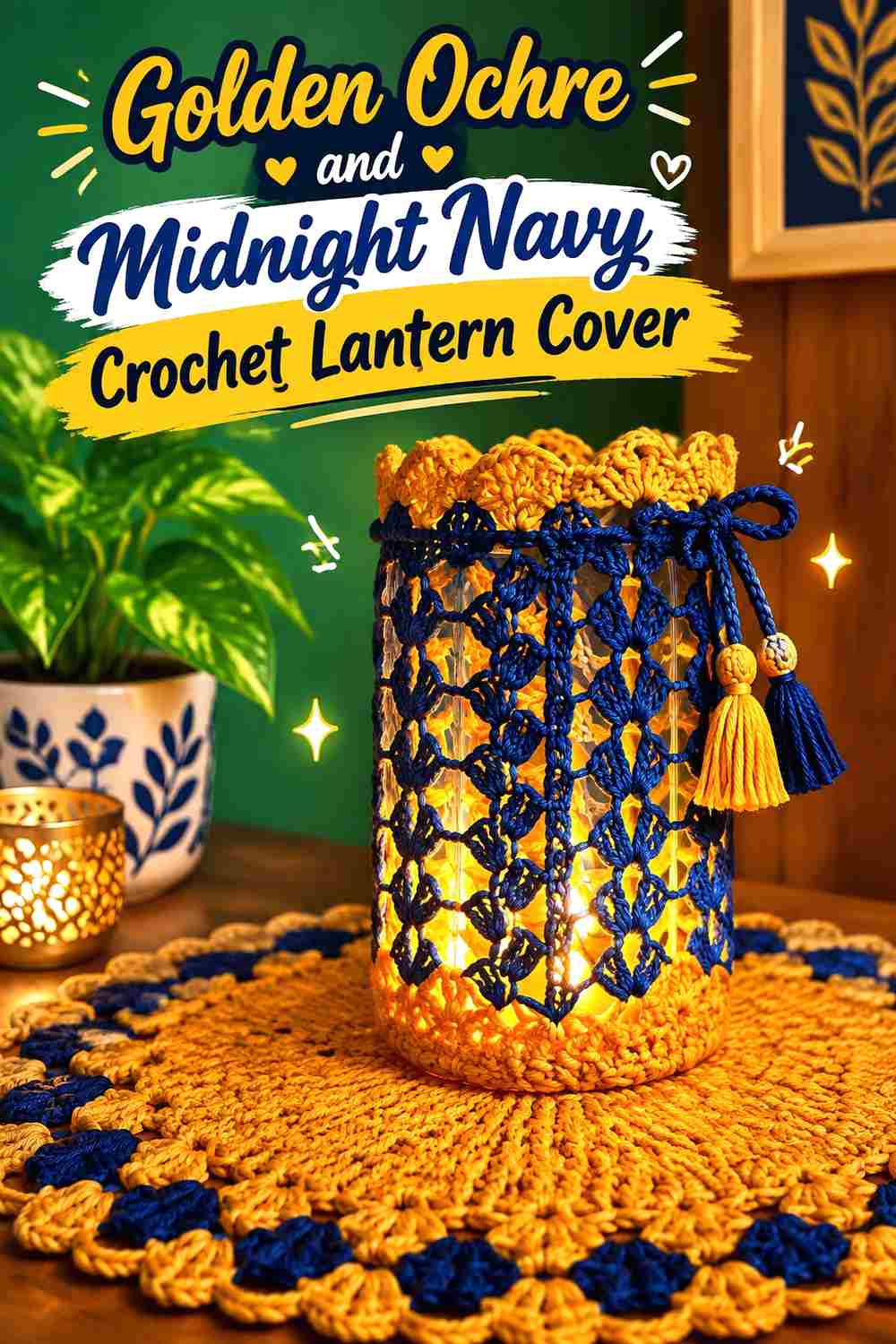 15. Golden Ochre And Midnight Navy Crochet Lantern Cover