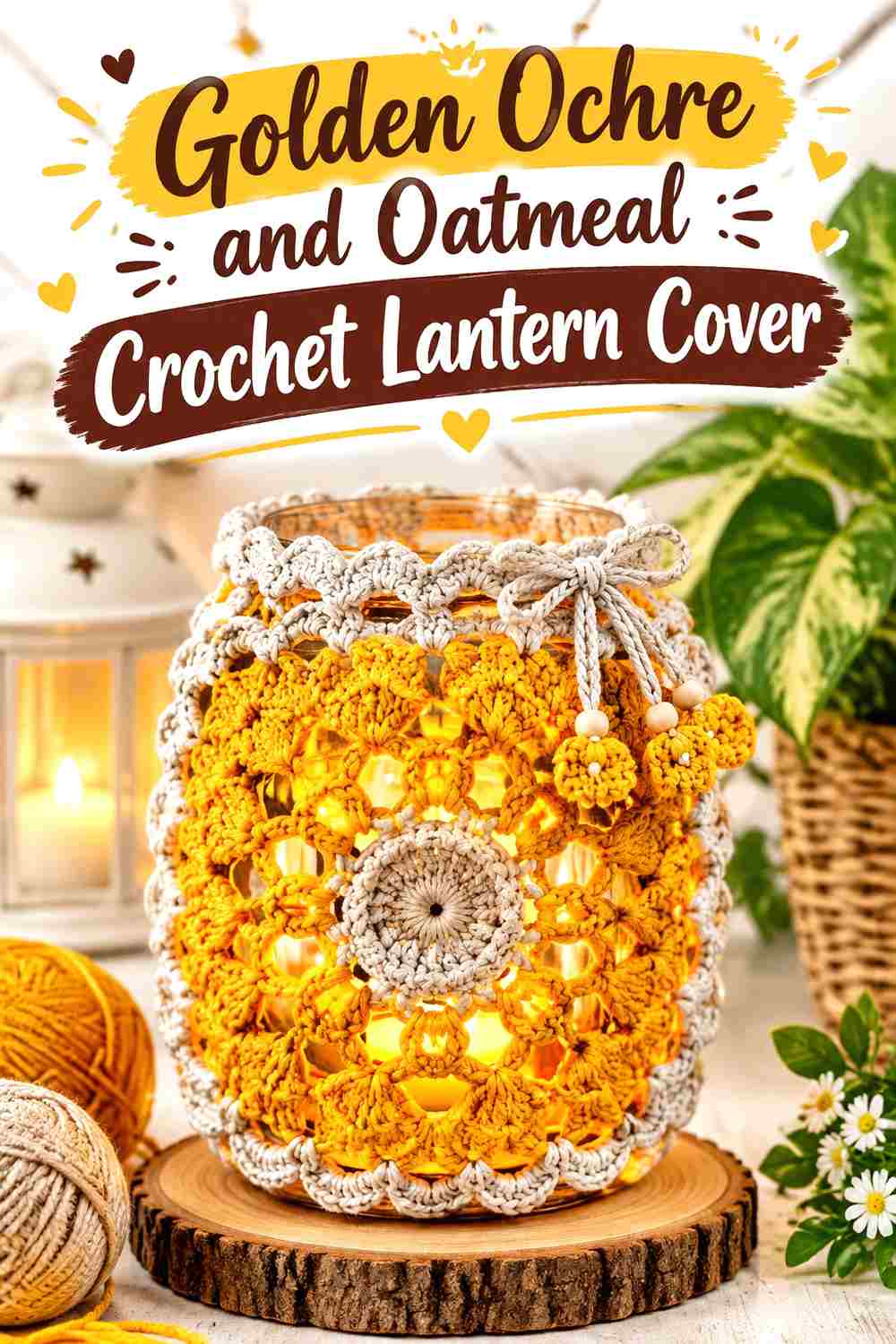 16. Golden Ochre And Oatmeal Crochet Lantern Cover