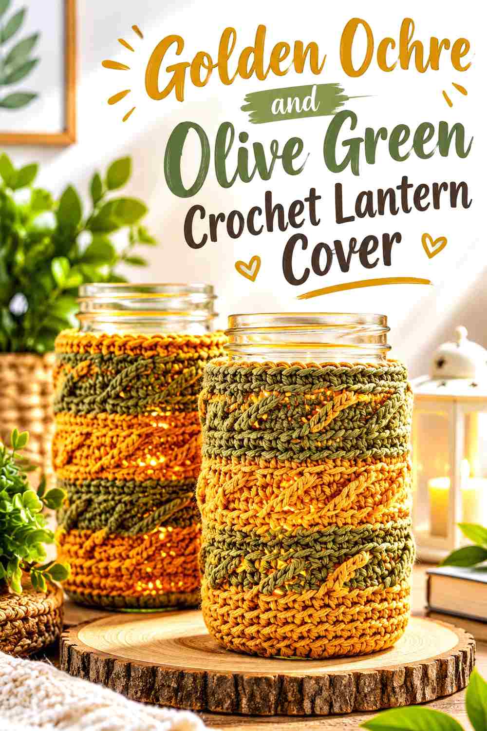 3. Golden Ochre And Olive Green Crochet Lantern Cover