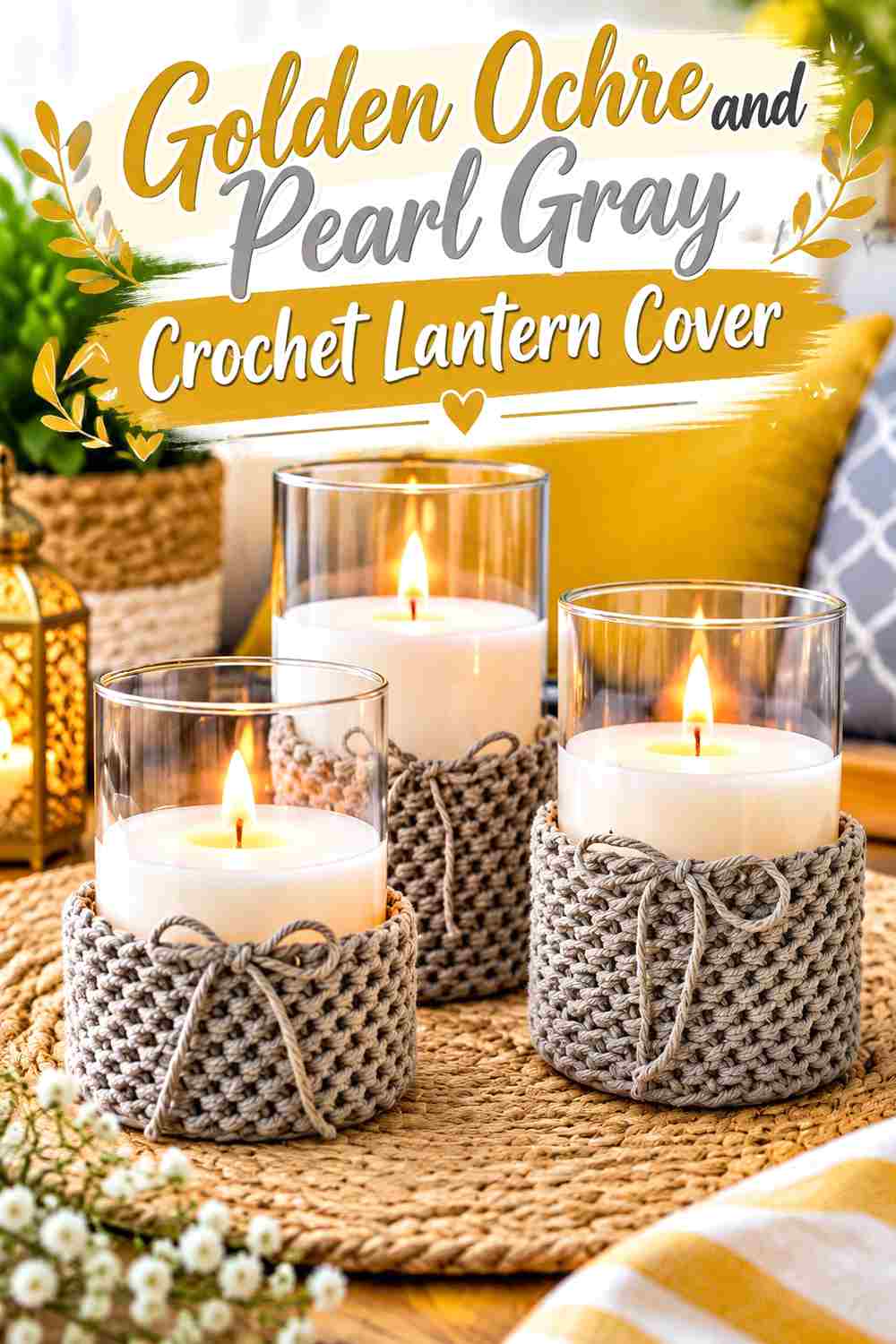 10. Golden Ochre And Pearl Gray Crochet Lantern Cover