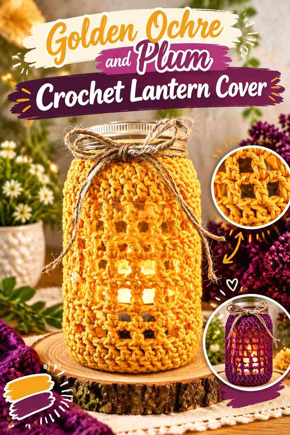 12. Golden Ochre And Plum Crochet Lantern Cover