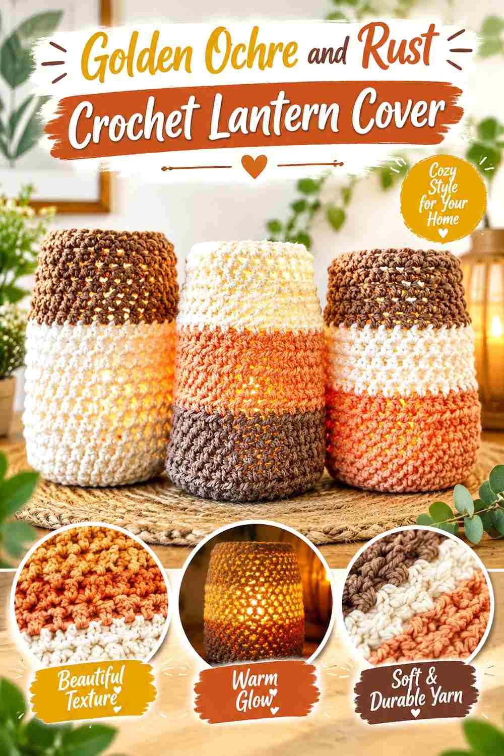 9. Golden Ochre And Rust Crochet Lantern Cover