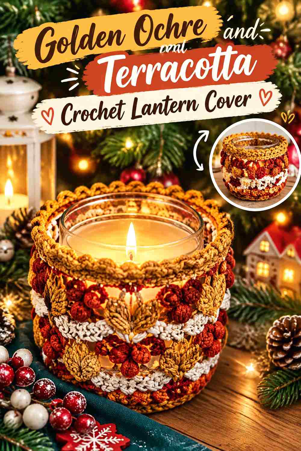 5. Golden Ochre And Terracotta Crochet Lantern Cover