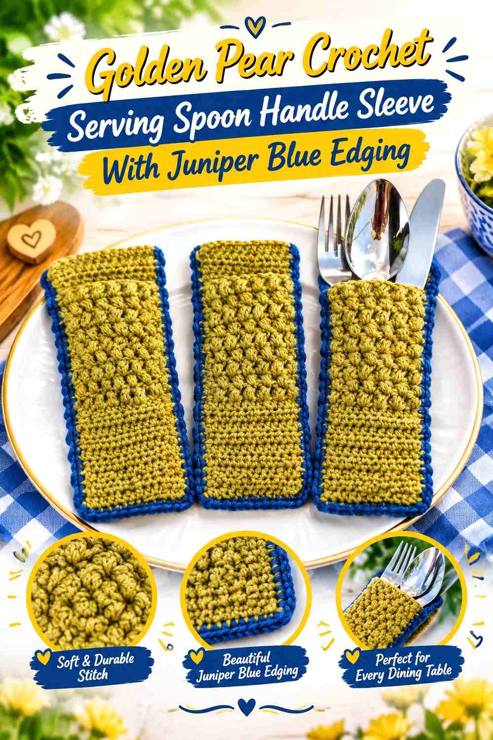 Golden Pear Crochet Serving Spoon Handle Sleeve With Juniper Blue Edging