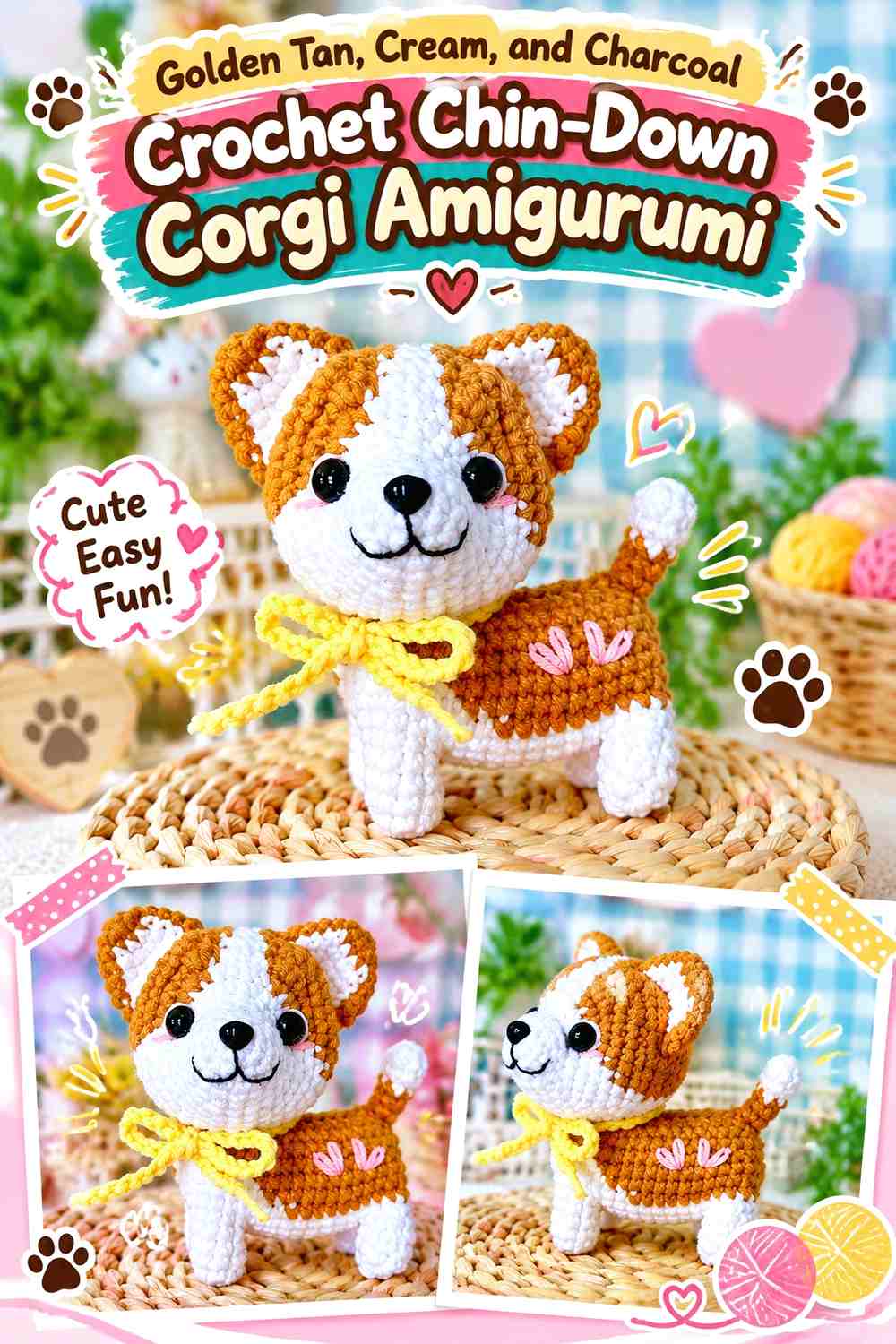 Golden Tan, Cream, and Charcoal Crochet Chin-Down Corgi Amigurumi