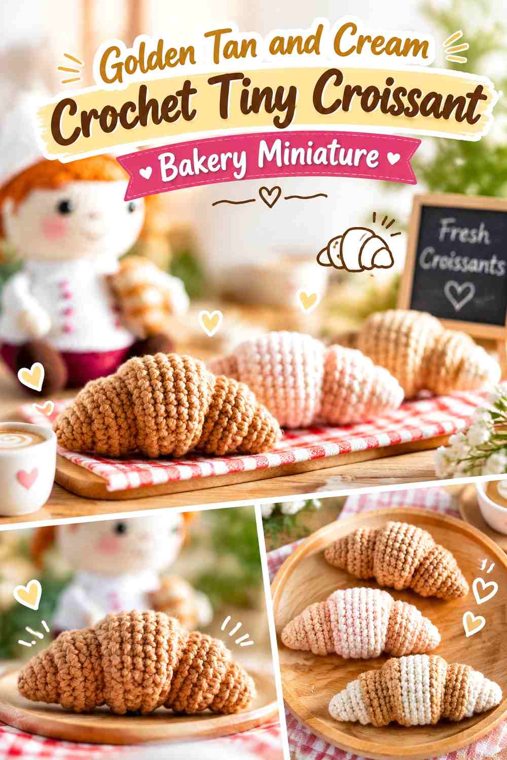 Golden Tan and Cream Crochet Tiny Croissant Bakery Miniature