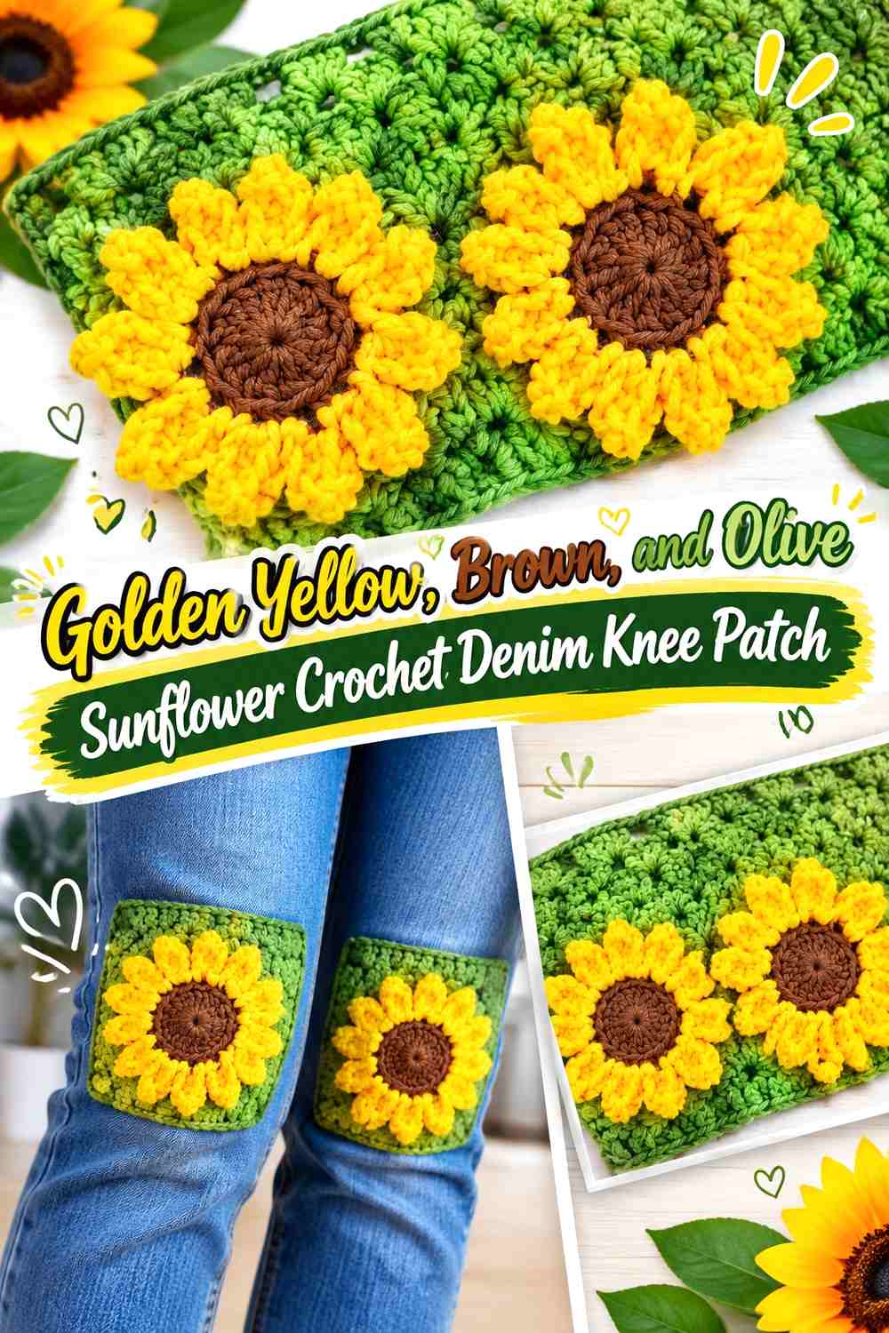 Golden Yellow, Brown, and Olive Sunflower Crochet Denim Knee Patch