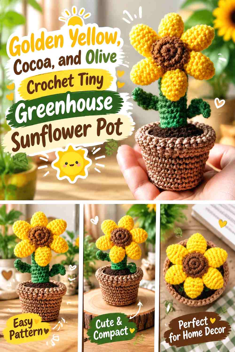 Golden Yellow, Cocoa, and Olive Crochet Tiny Greenhouse Sunflower Pot