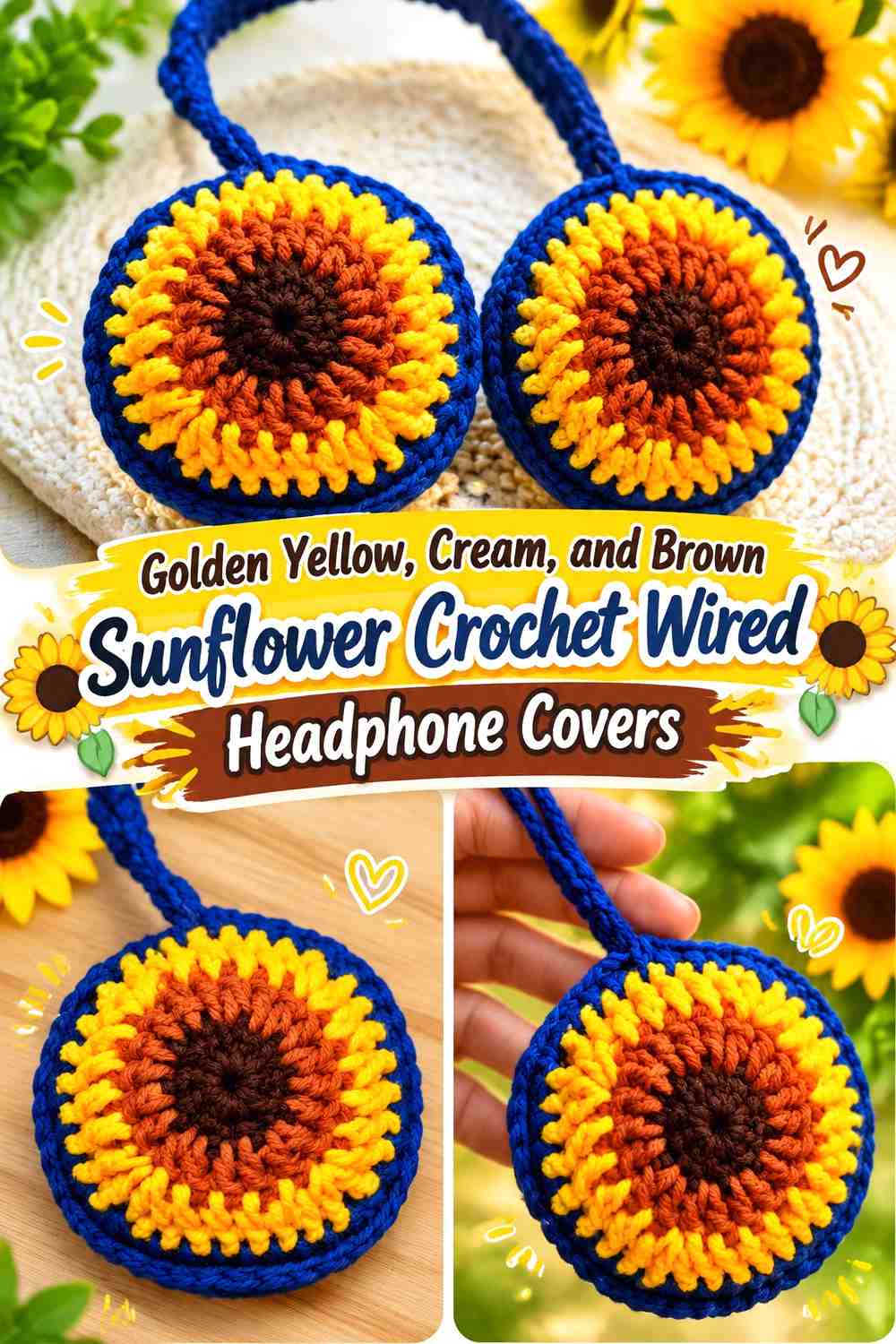 Golden Yellow, Cream, and Brown Sunflower Crochet Wired Headphone Covers