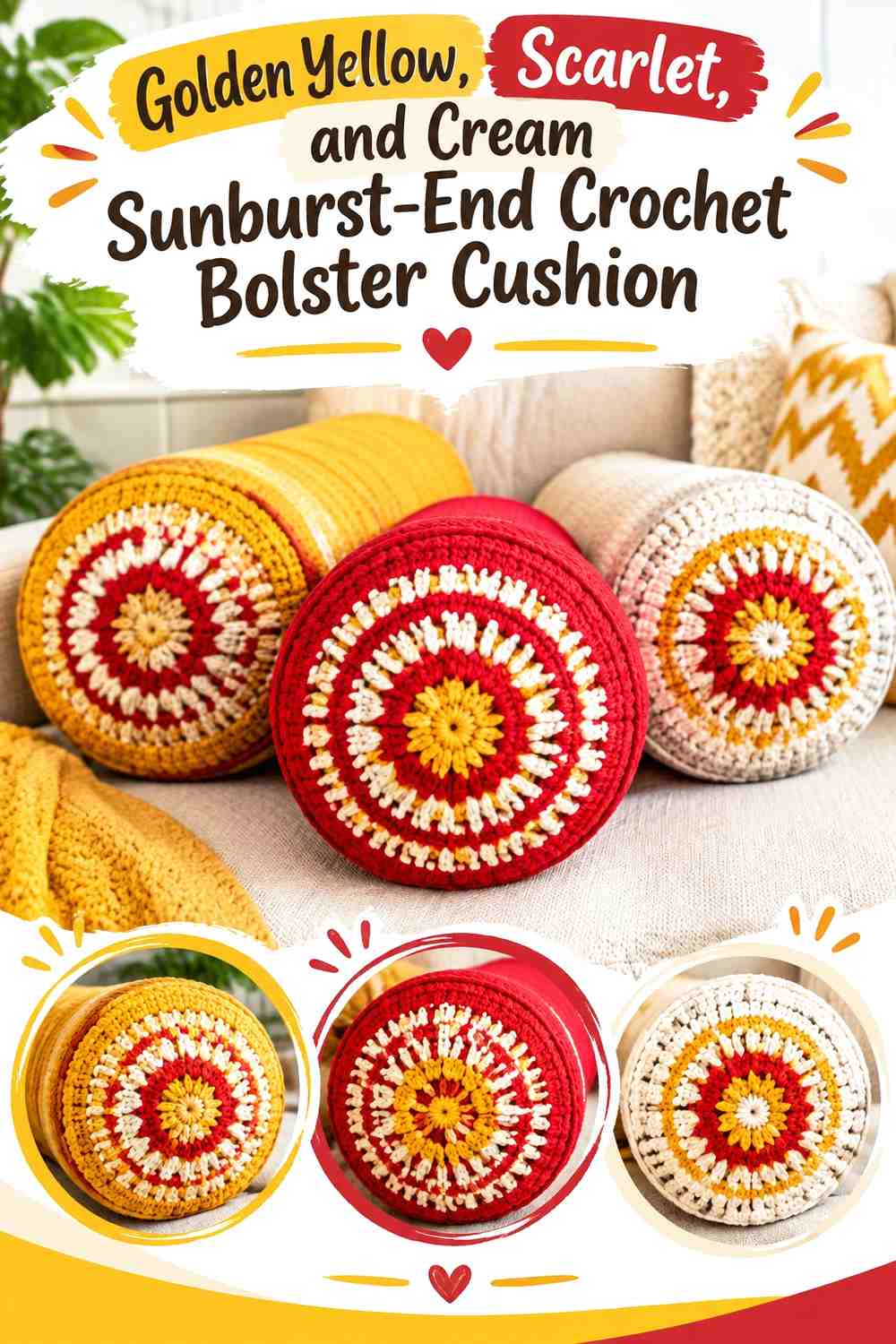 Golden Yellow, Scarlet, and Cream Sunburst-End Crochet Bolster Cushion