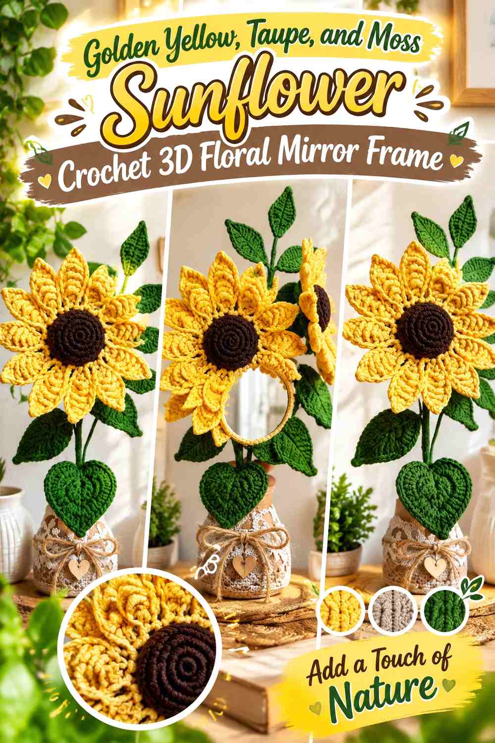 Golden Yellow, Taupe, and Moss Sunflower Crochet 3D Floral Mirror Frame
