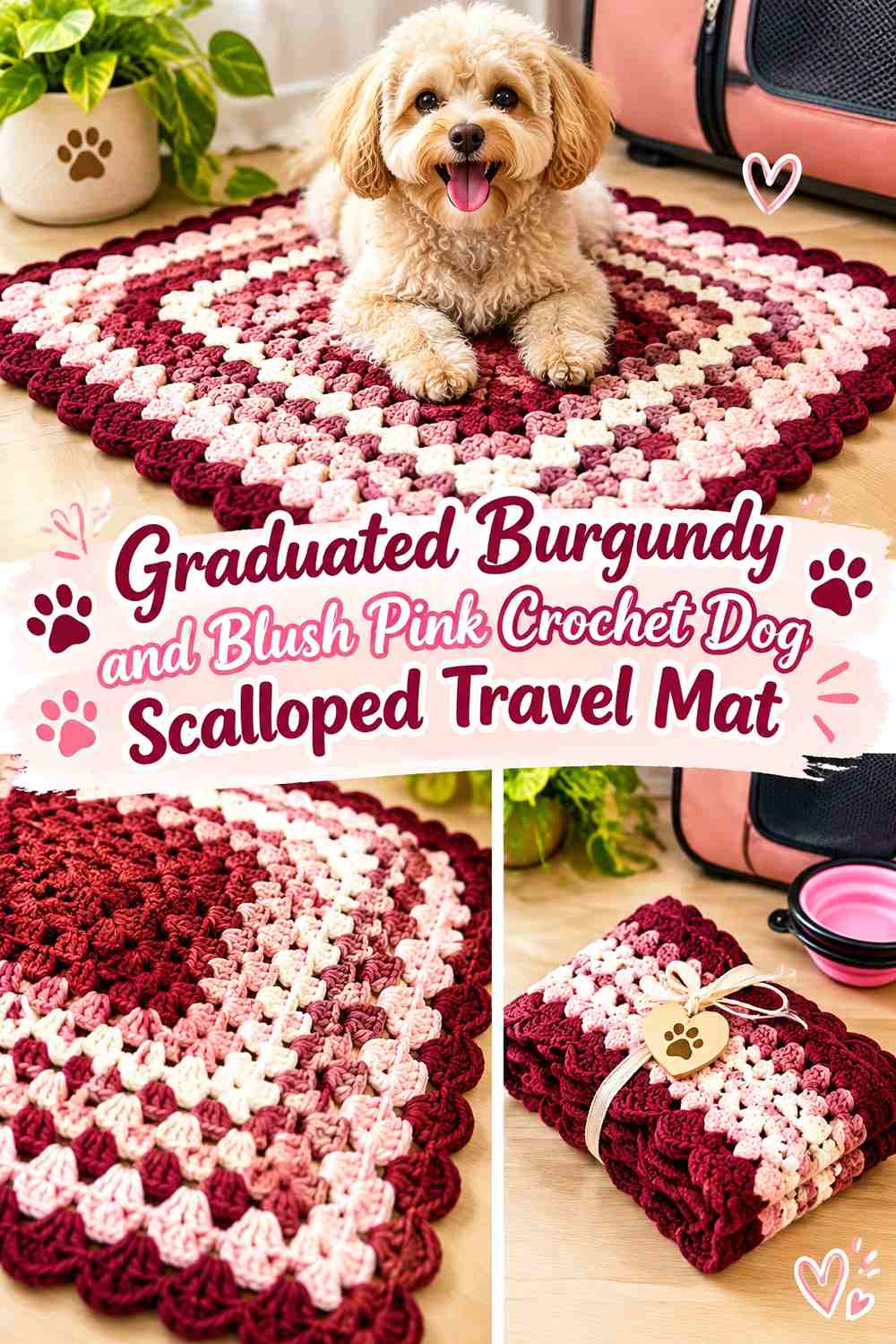 Graduated Burgundy and Blush Pink Crochet Dog Scalloped Travel Mat