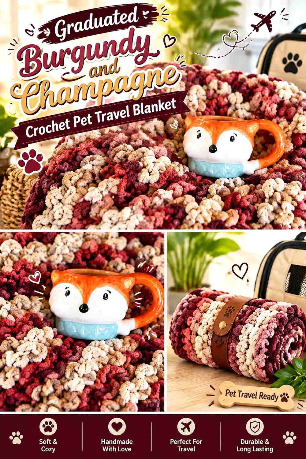 Graduated Burgundy and Champagne Crochet Pet Travel Blanket