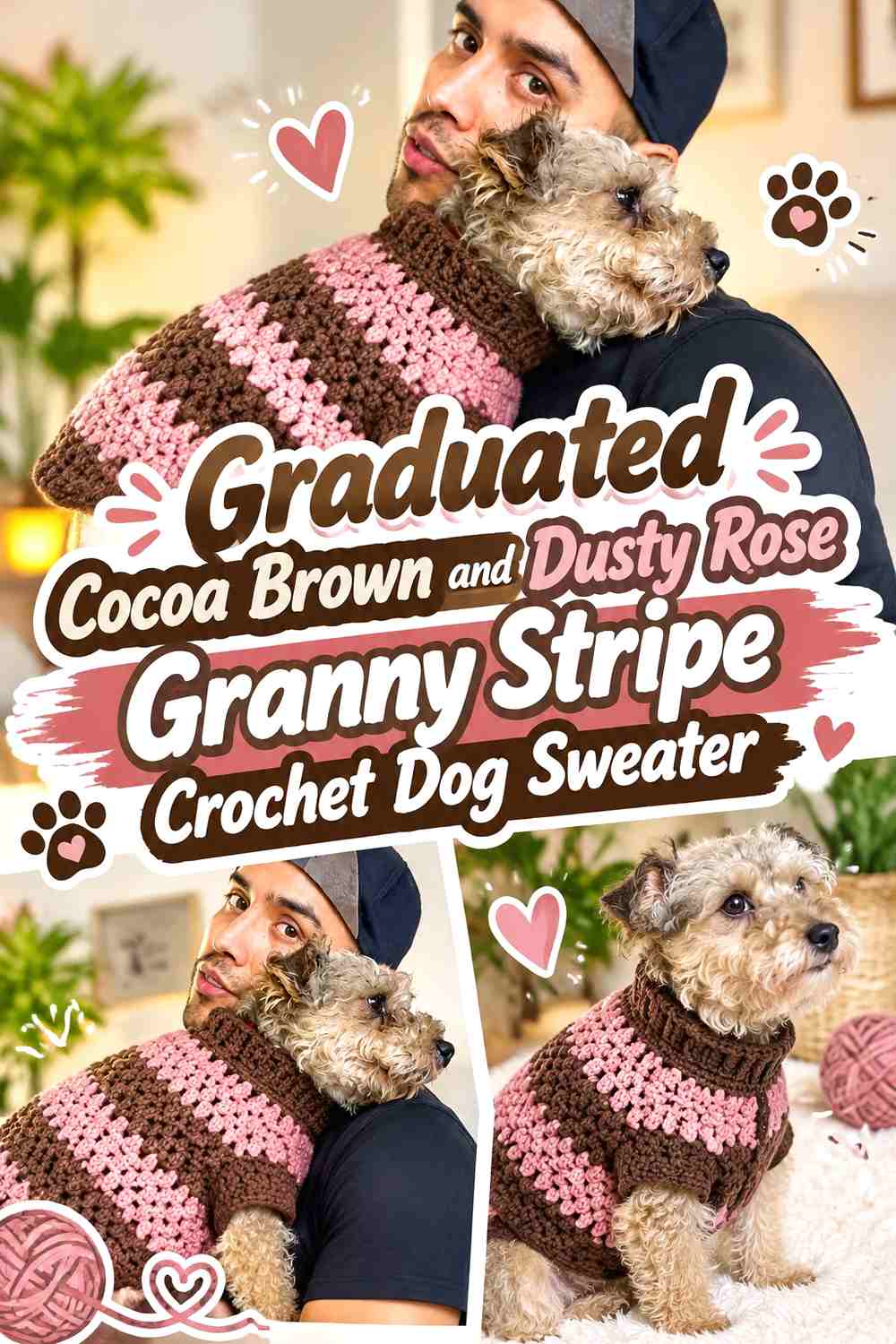 Graduated Cocoa Brown and Dusty Rose Granny Stripe Crochet Dog Sweater