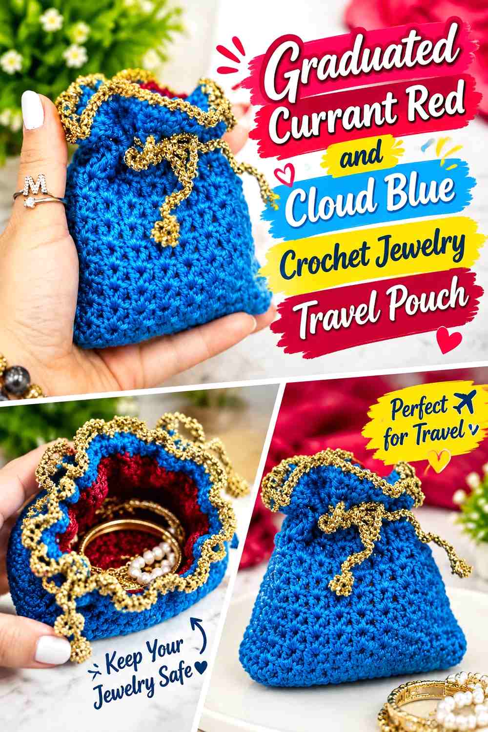 Graduated Currant Red and Cloud Blue Crochet Jewelry Travel Pouch