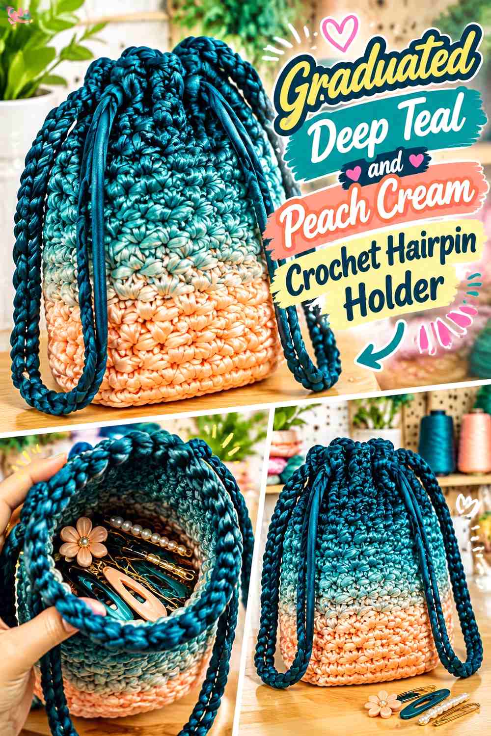 Graduated Deep Teal and Peach Cream Crochet Hairpin Holder