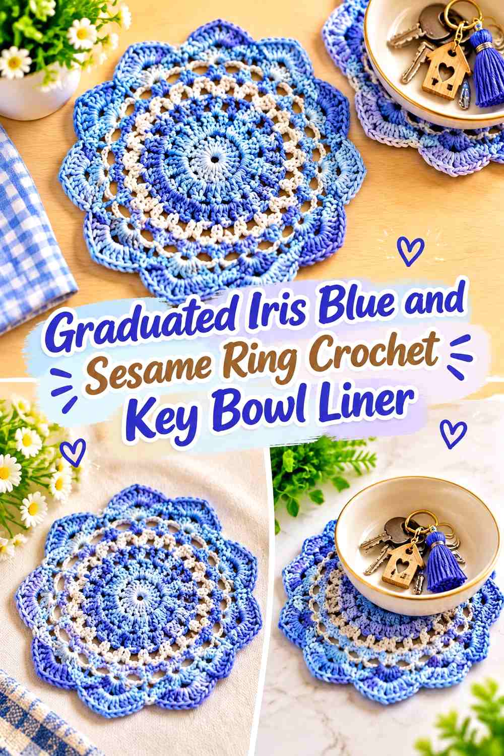Graduated Iris Blue and Sesame Ring Crochet Key Bowl Liner