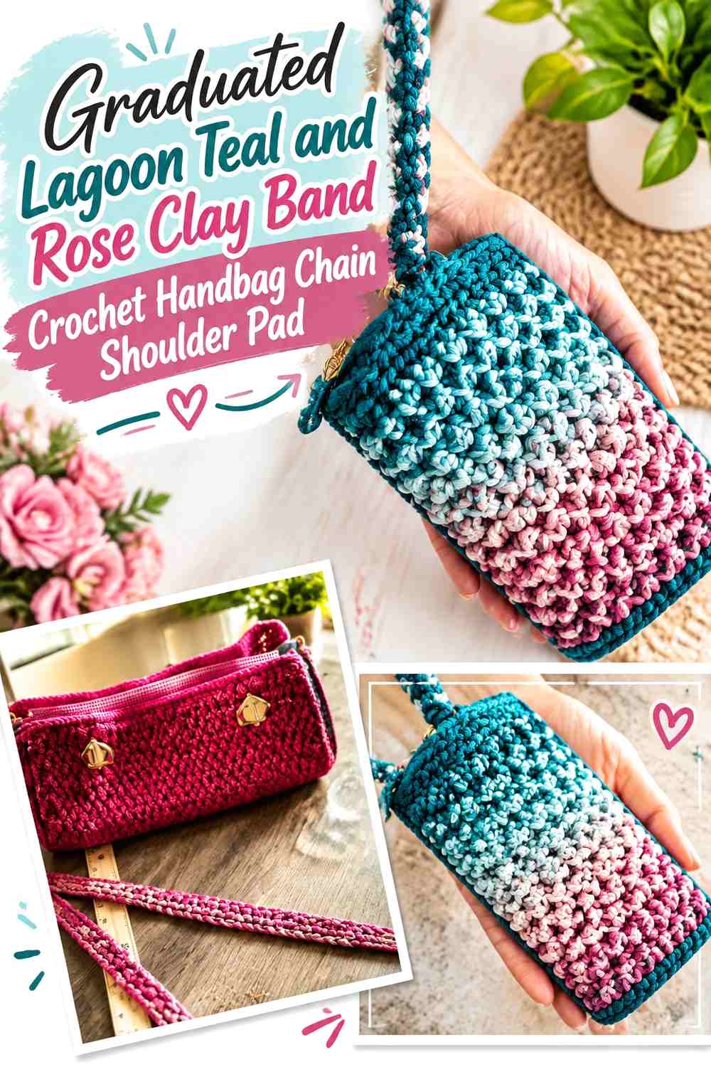 Graduated Lagoon Teal and Rose Clay Band Crochet Handbag Chain Shoulder Pad