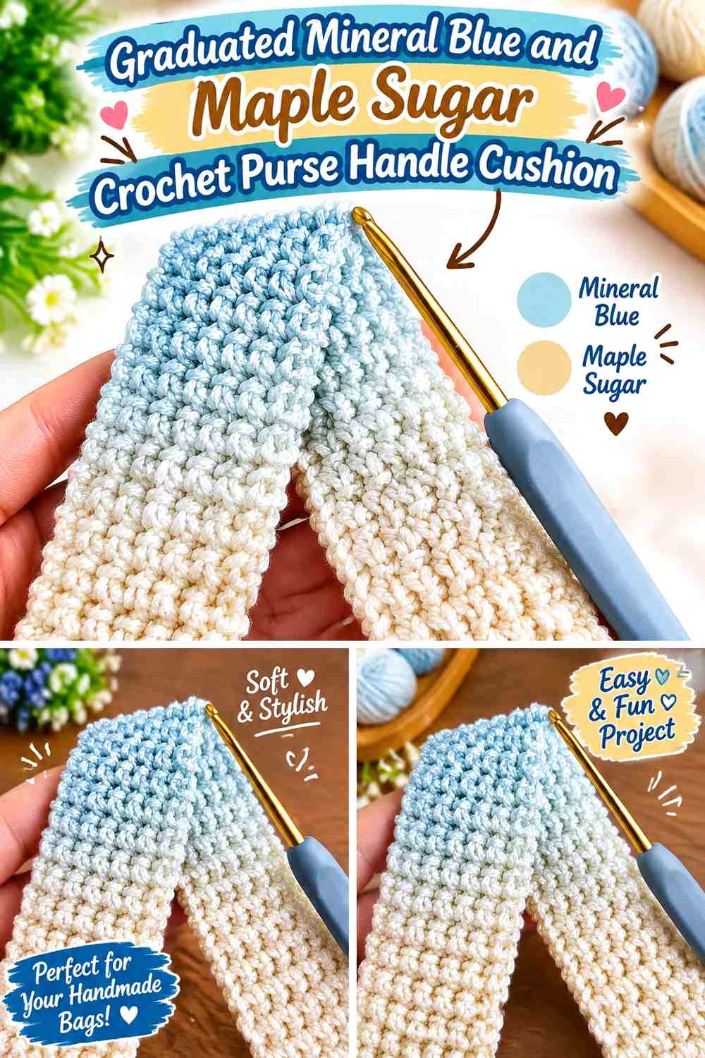 Graduated Mineral Blue and Maple Sugar Crochet Purse Handle Cushion