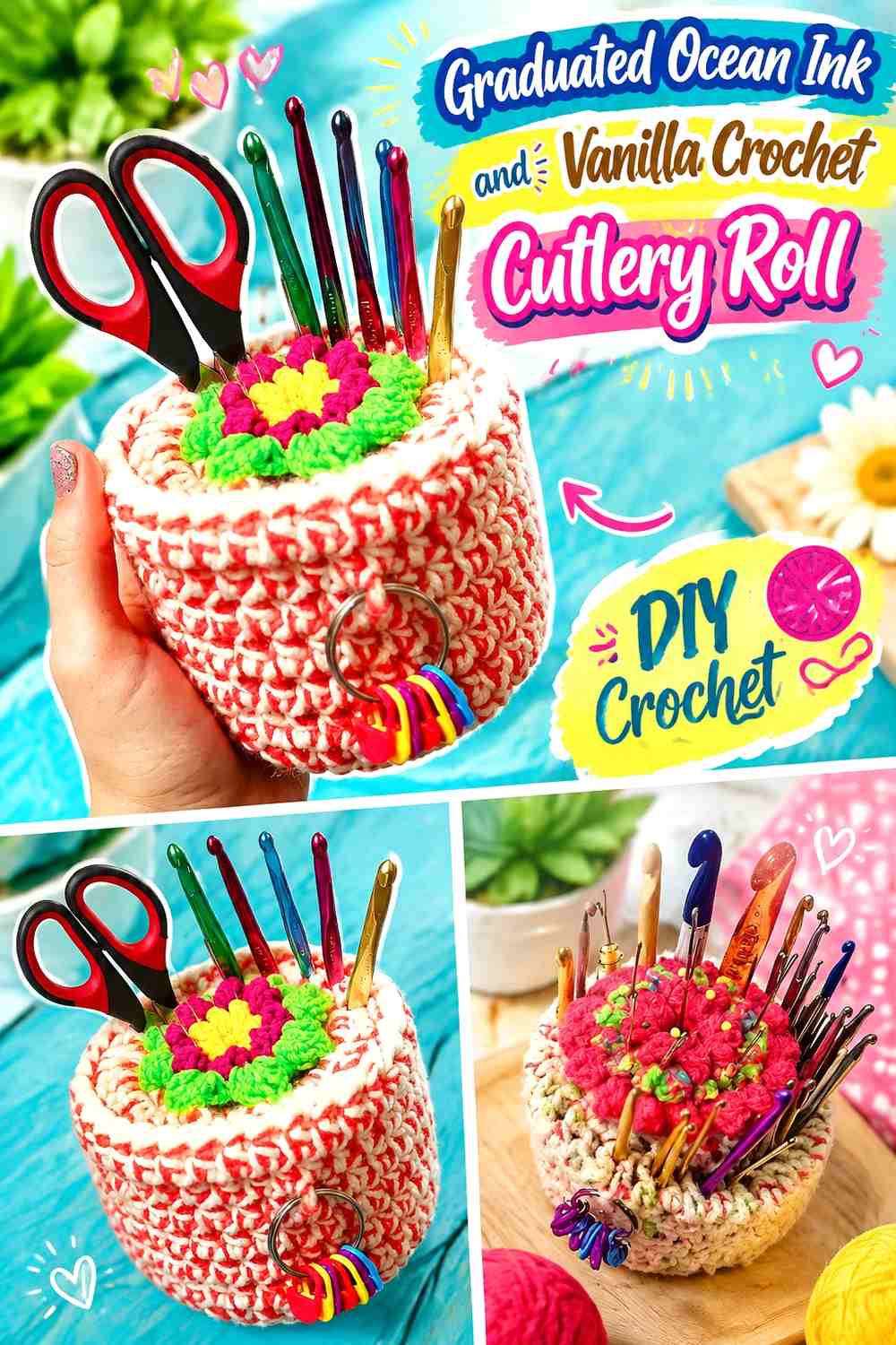 Graduated Ocean Ink and Vanilla Crochet Cutlery Roll