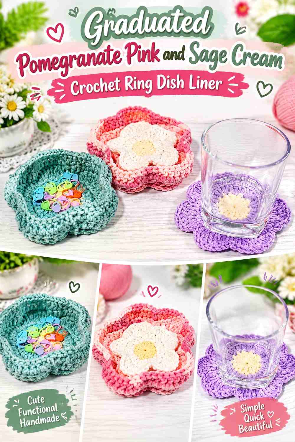 Graduated Pomegranate Pink and Sage Cream Crochet Ring Dish Liner