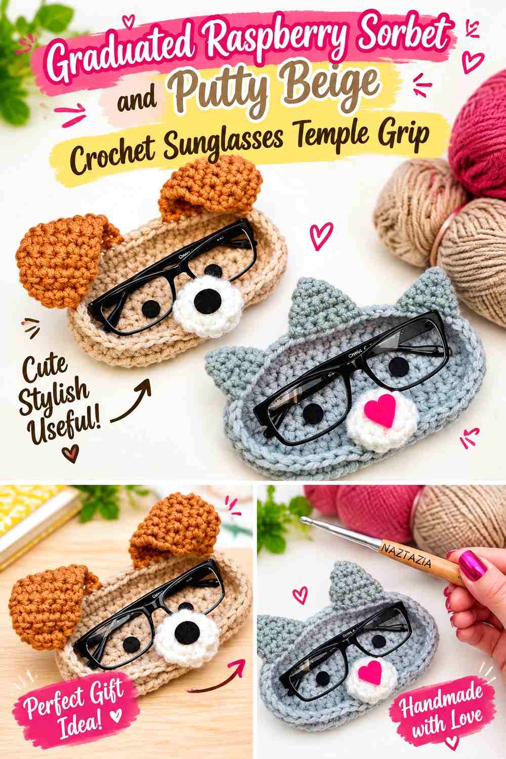 Graduated Raspberry Sorbet and Putty Beige Crochet Sunglasses Temple Grip