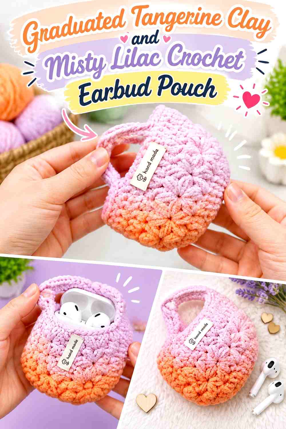 Graduated Tangerine Clay and Misty Lilac Crochet Earbud Pouch