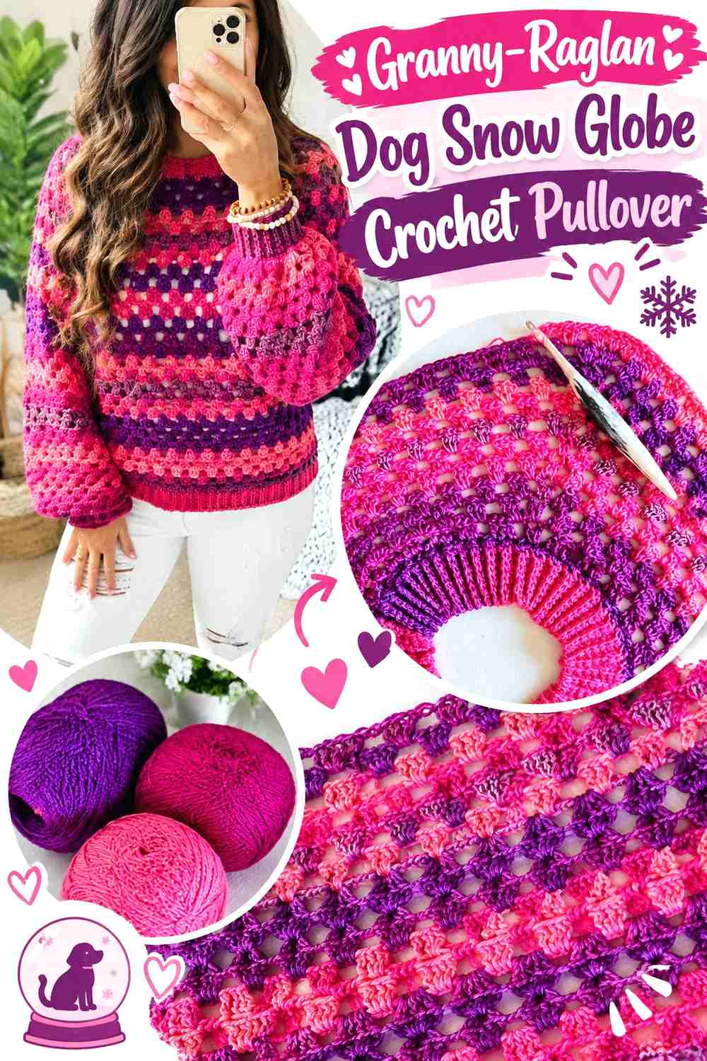 Granny-Raglan Dog Snow Globe Crochet Pullover