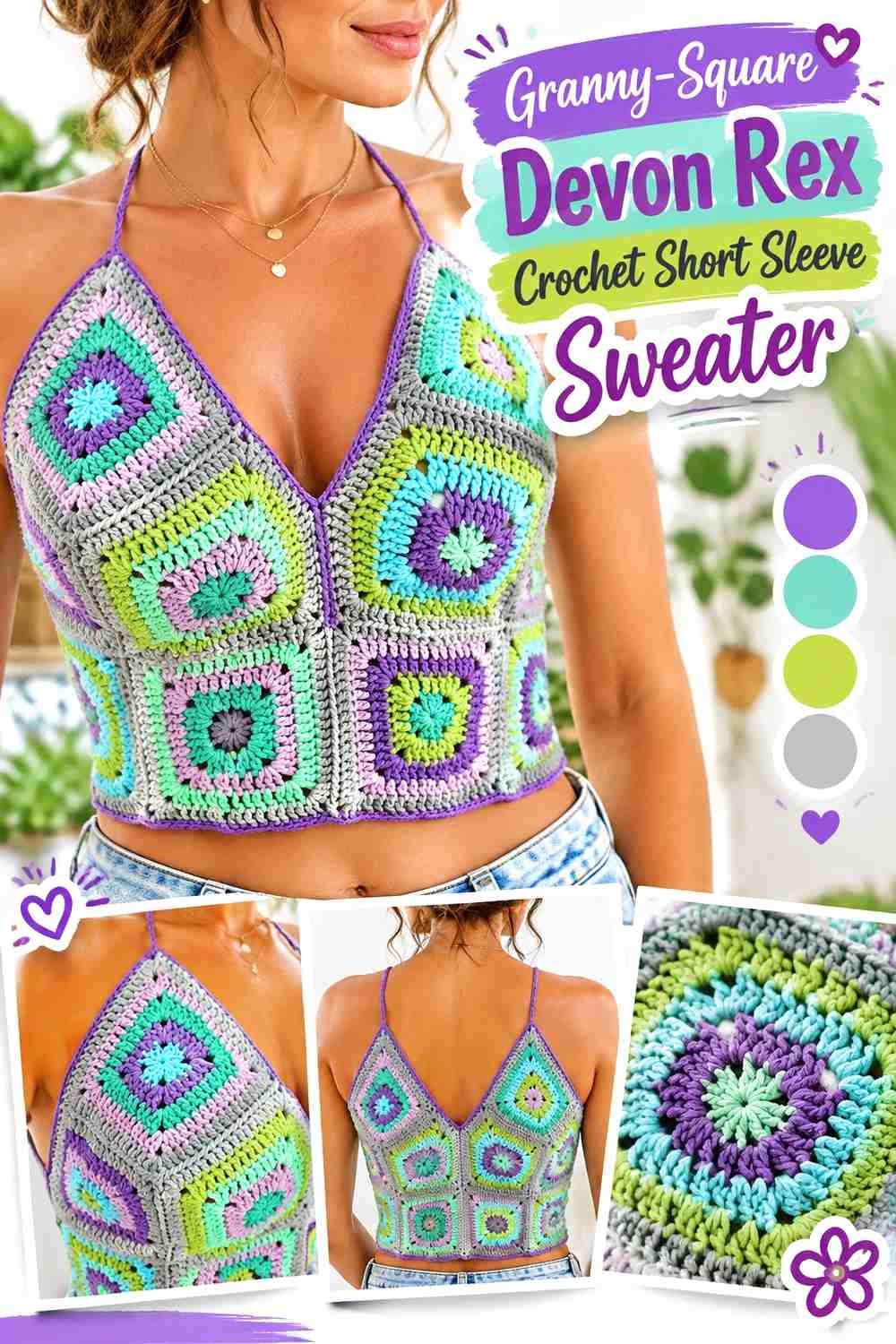Granny-Square Devon Rex Crochet Short Sleeve Sweater