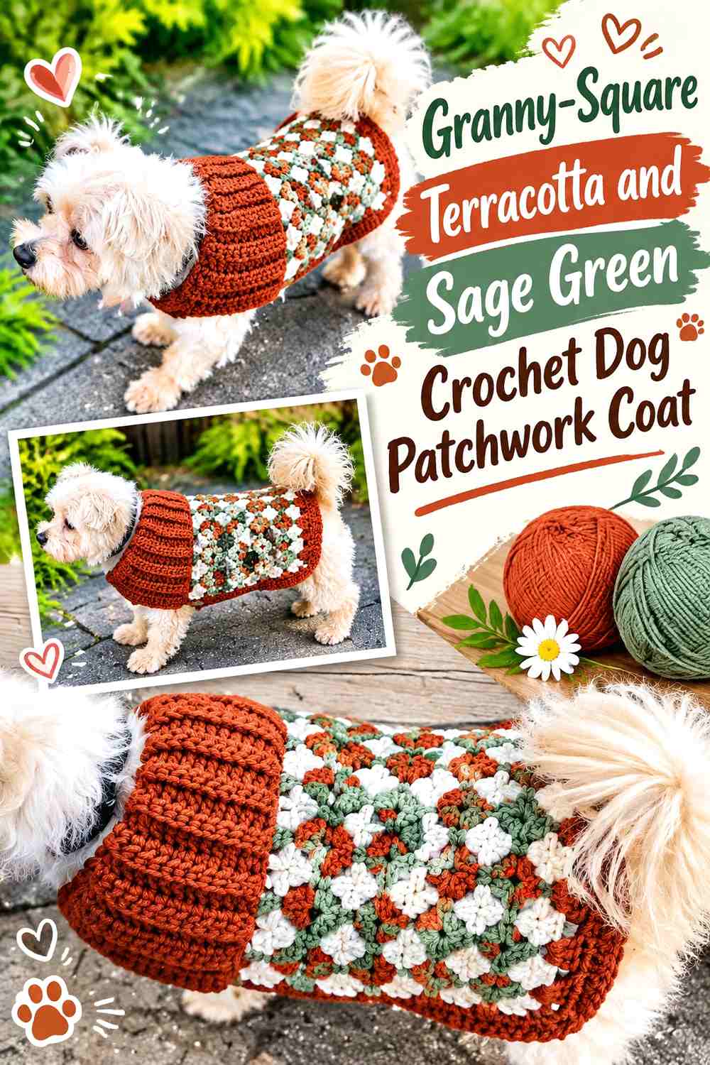 Granny-Square Terracotta and Sage Green Crochet Dog Patchwork Coat