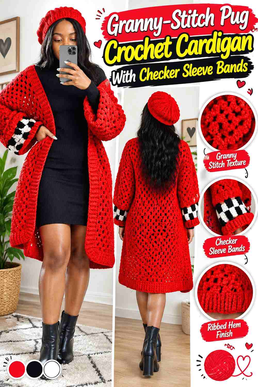 Granny-Stitch Pug Crochet Cardigan With Checker Sleeve Bands