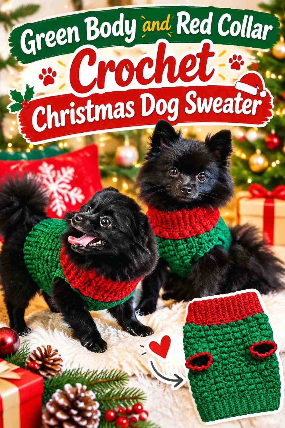 Green Body and Red Collar Crochet Christmas Dog Sweater