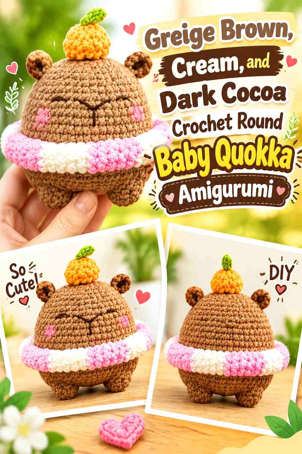 Greige Brown, Cream, and Dark Cocoa Crochet Round Baby Quokka Amigurumi