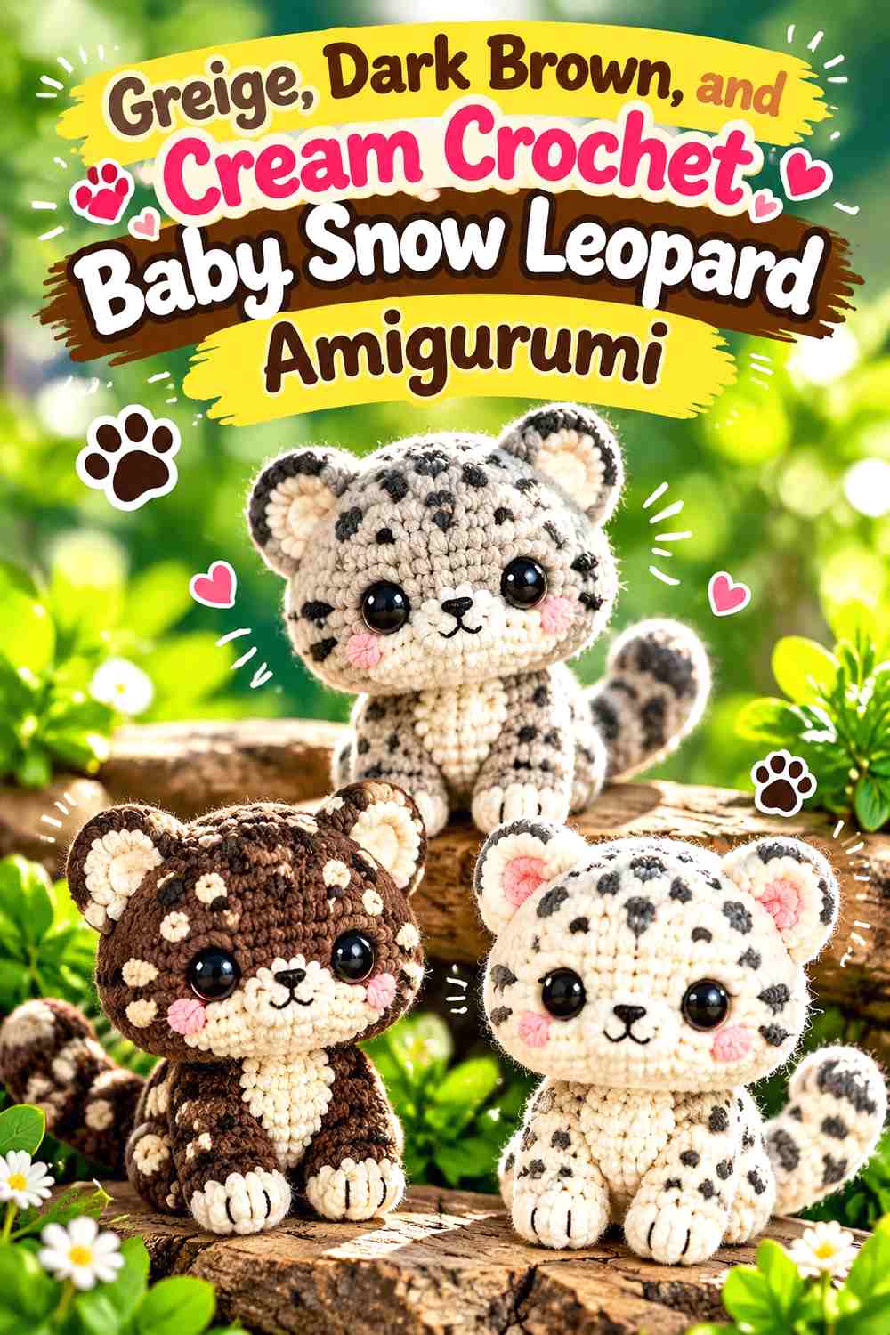 Greige, Dark Brown, and Cream Crochet Baby Snow Leopard Amigurumi