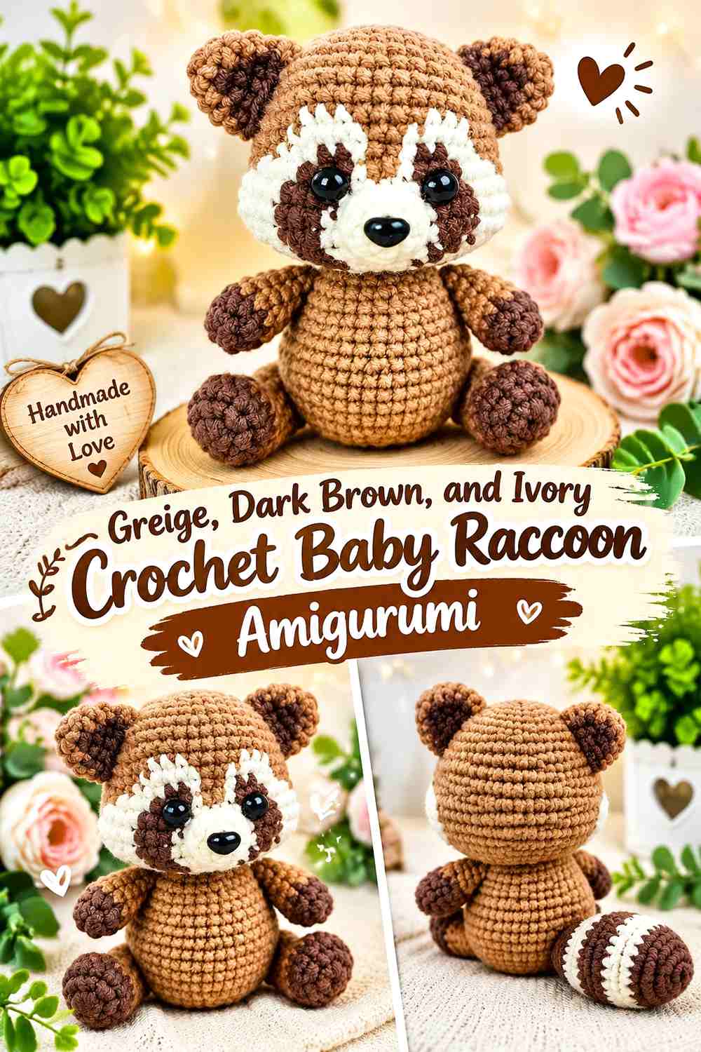 Greige, Dark Brown, and Ivory Crochet Baby Raccoon Amigurumi